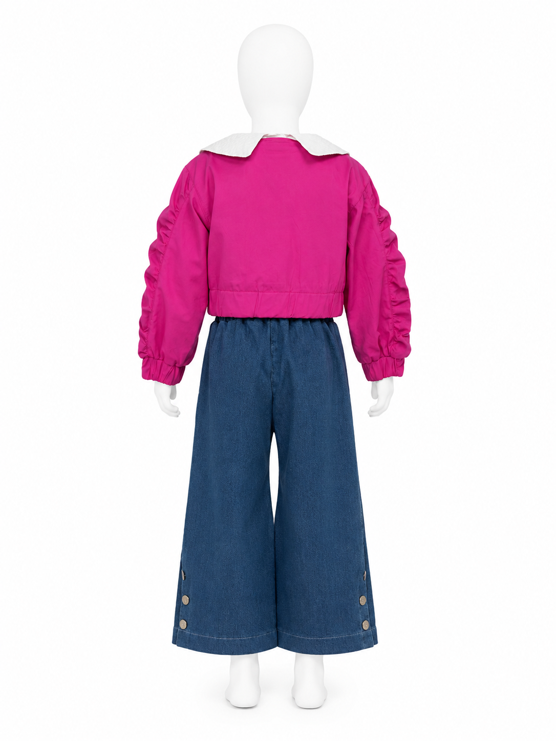 Set elegant 3 piese pentru fetite cu geaca fucsia, bluza alba si pantaloni din blug