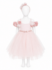 Rochie elenganta pentru fetite cu umeri goi, flori decorative si cordeluta - Roz