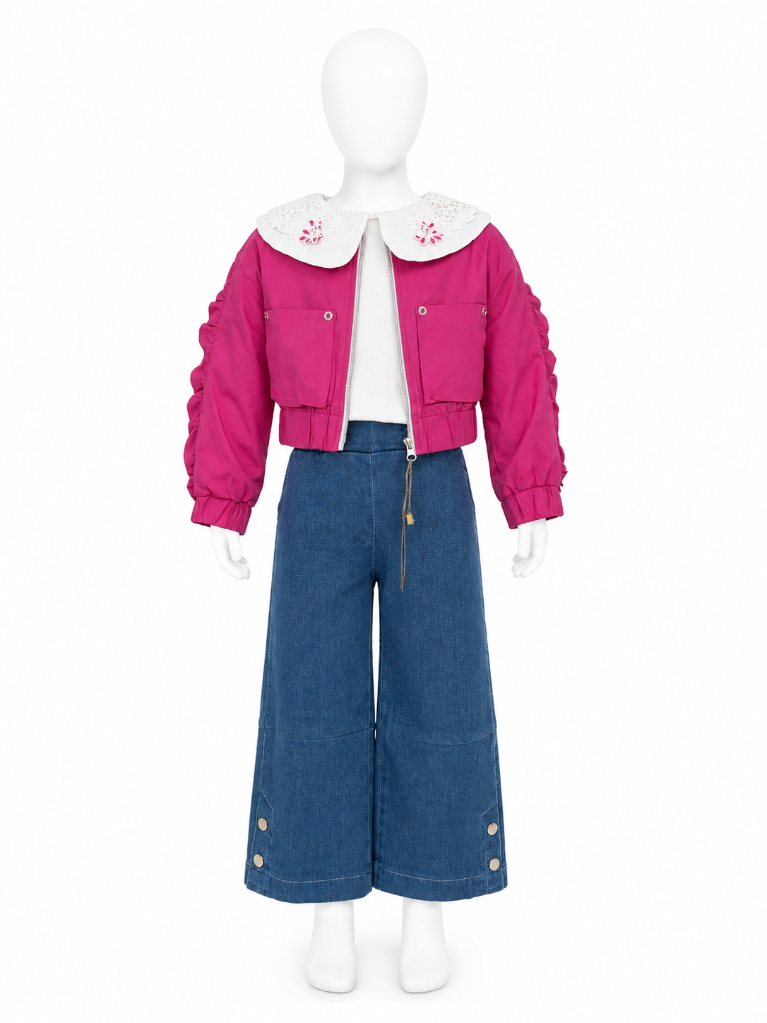 Set elegant 3 piese pentru fetite cu geaca fucsia, bluza alba si pantaloni din blug