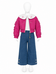 Set elegant 3 piese pentru fetite cu geaca fucsia, bluza alba si pantaloni din blug