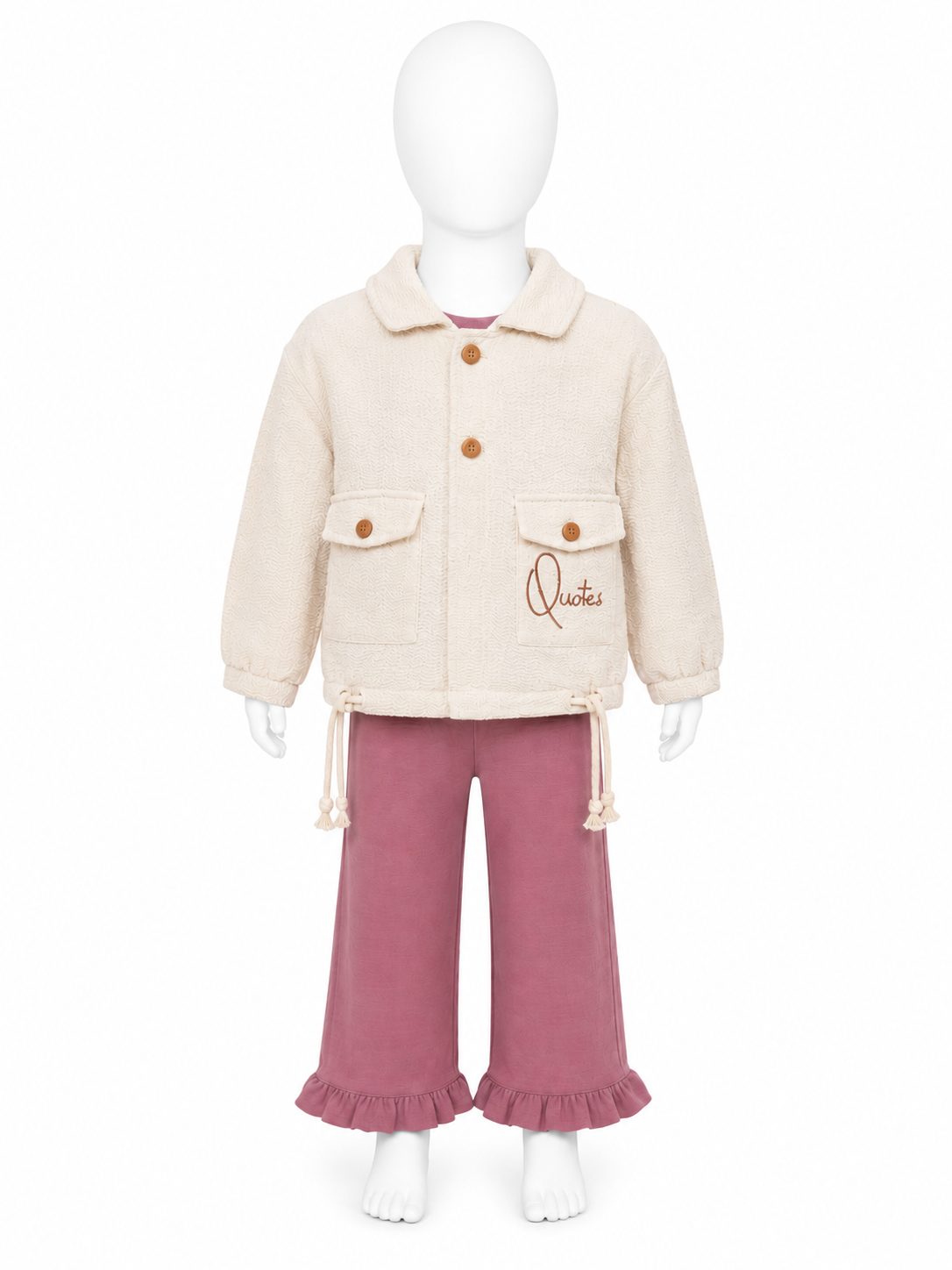 Set elegant 3 piese pentru fetite cu geaca bej si pantaloni evazati - Roz