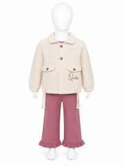 Set elegant 3 piese pentru fetite cu geaca bej si pantaloni evazati - Roz