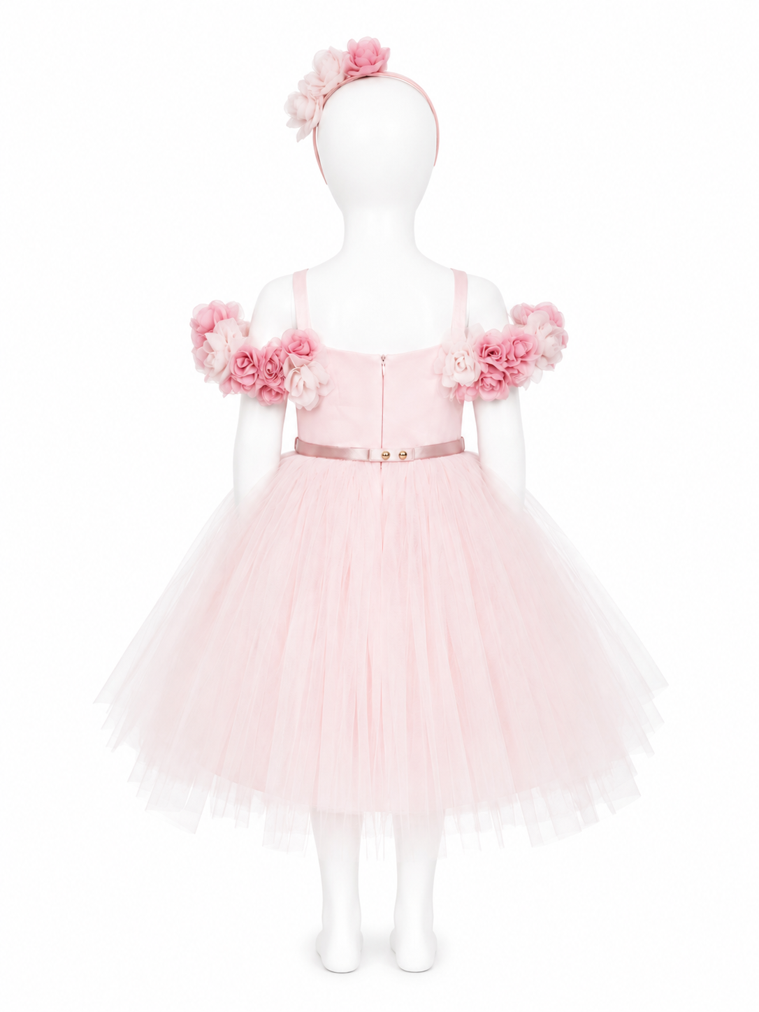 Rochie elenganta pentru fetite cu umeri goi, flori decorative si cordeluta - Roz