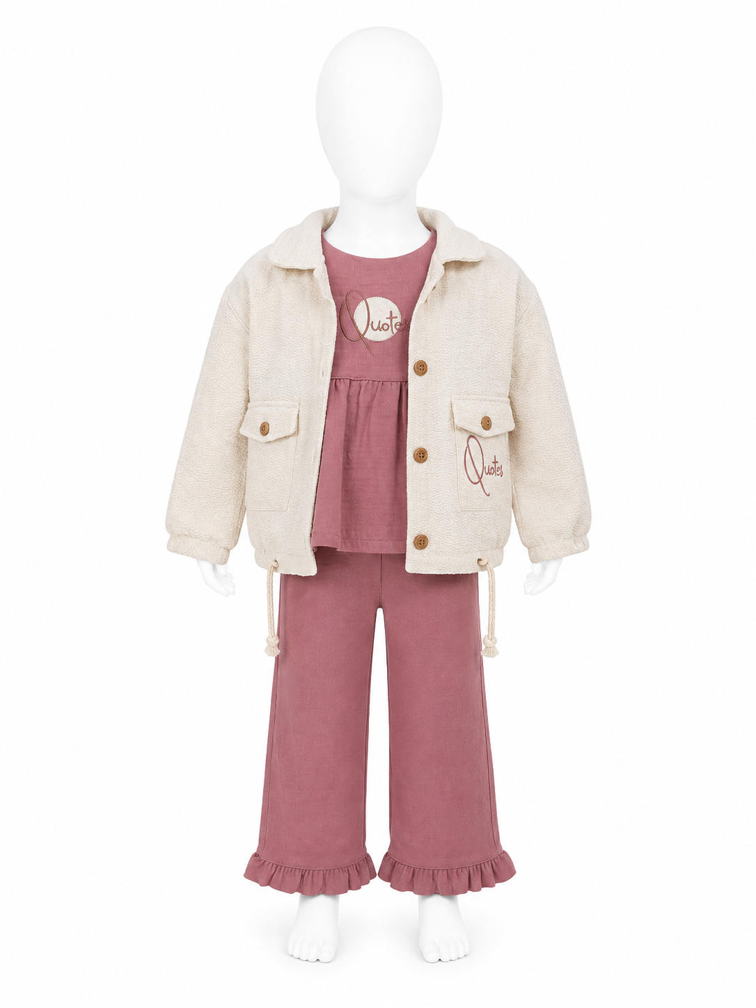Set elegant 3 piese pentru fetite cu geaca bej si pantaloni evazati - Roz