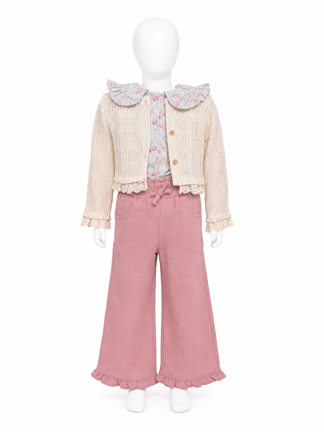 Set elegant fete 3 piese cu cardigan tricotat si pantaloni - Roz